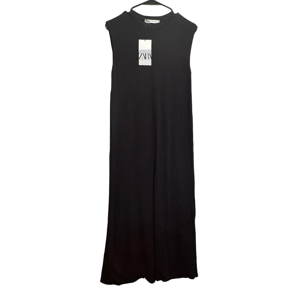 Zara Dress Womens M Black Knit Maxi Sleeveless Column Crew Neck Minimalist NWT - Picture 2 of 8